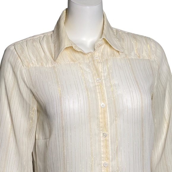 Dorothee Bis Button Up Shirt  Womens Size M Gold Metallic Stripes Semi Sheer - Picture 2 of 7
